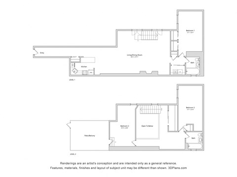 Floor plan for 3 beds, 2 baths, 1260 sqft